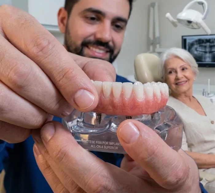 Passo a passo do procedimento de prótese total fixa sobre implantes, desde a avaliação até a prótese definitiva