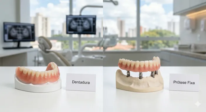 Ilustração dos quatro tipos de prótese total fixa: All-on-4, All-on-6, carga imediata e Overdenture