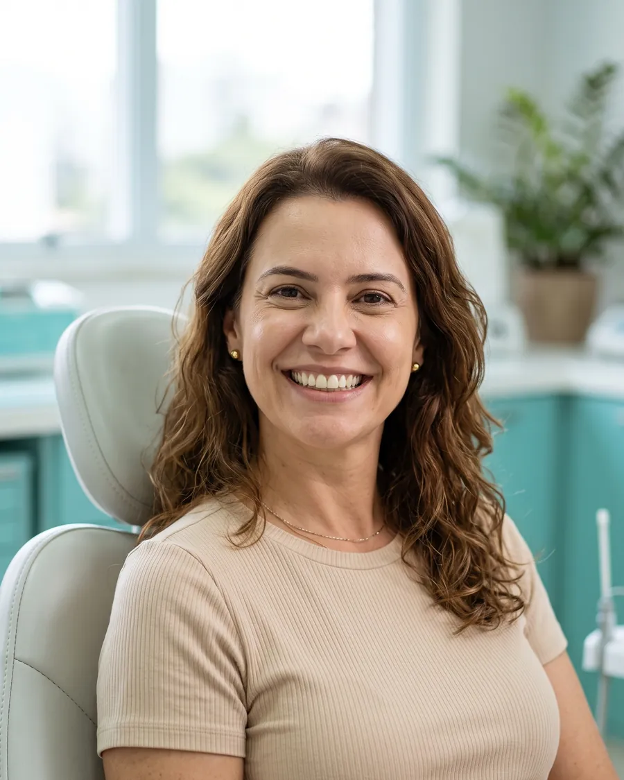 Mulher sorrindo em consultório odontológico (imagem ilustrativa)