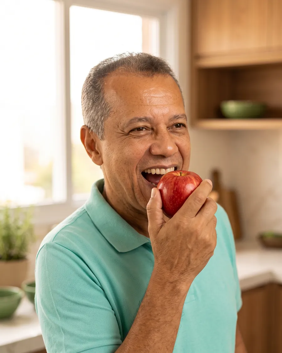 Homem sorrindo enquanto morde uma maçã (imagem ilustrativa)