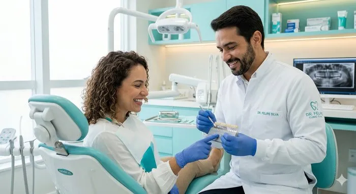 Dentista da OdontoSin mostrando escala de cores de lentes de contato dental para paciente