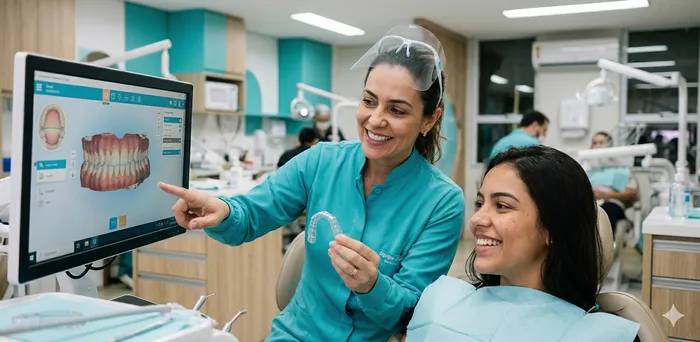 Dentista da OdontoSin mostrando escaneamento 3D para paciente durante planejamento ortodôntico