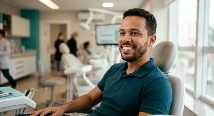Homem sorrindo na cadeira do dentista após tratamento ortodôntico na OdontoSin Goiânia